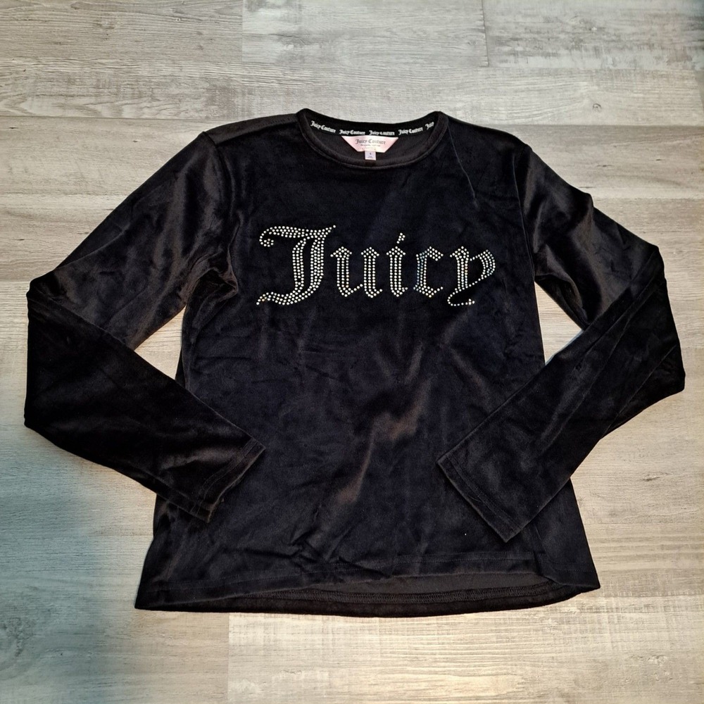 Juicy Couture Sleepwear Shirt Black Velour Rhinestone Bling Logo Woman's Small